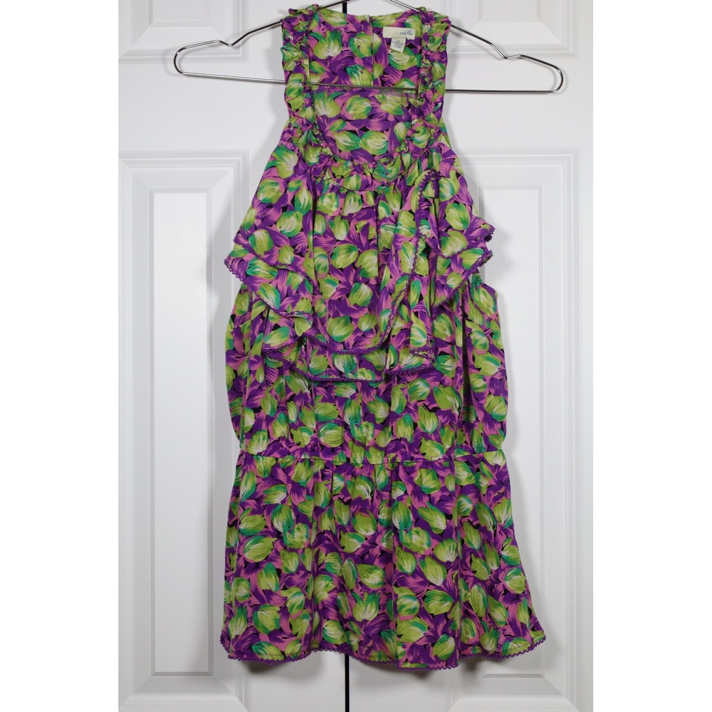 Odille Anthropologie Silk Ruffle‎ Blouse Green Purple Floral Sleeveless Top 10